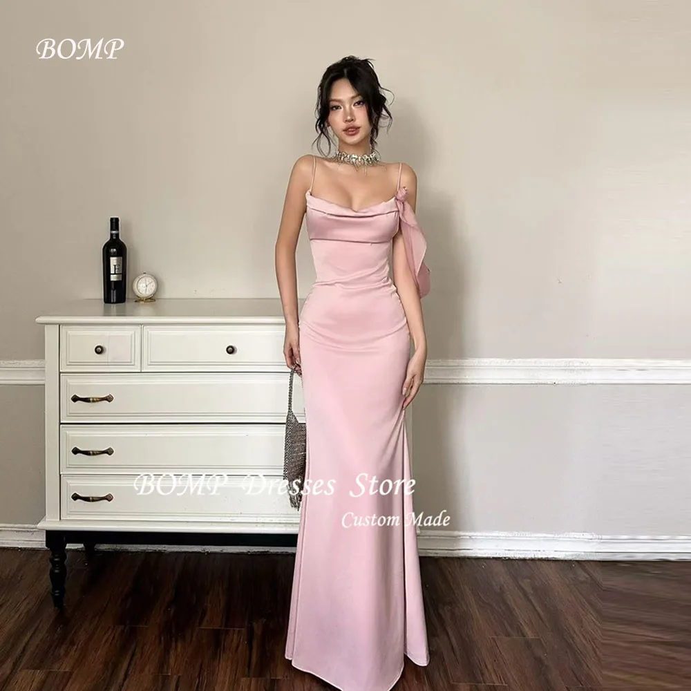 

BOMP Sexy Neckline Pink Party Dresses Silk Satin Floor Length Evening Gowns Lady Korea Wedding Receiption Gowns Customized