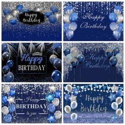 Blue Glitter Balloon Birthday Backdrop Sliver and Golden Flash Women Men Girls Birthday Party Cake Smash Photography Background