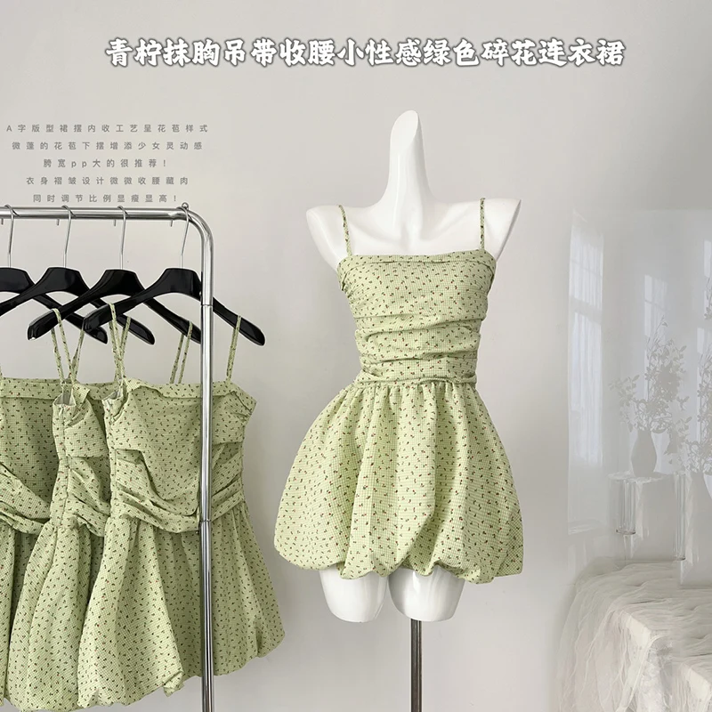 Sexy Green Floral Dress Party Vacation Basic Daily Mini Dress Causual Korean Fashion Sling Dress Summer Women Clothes