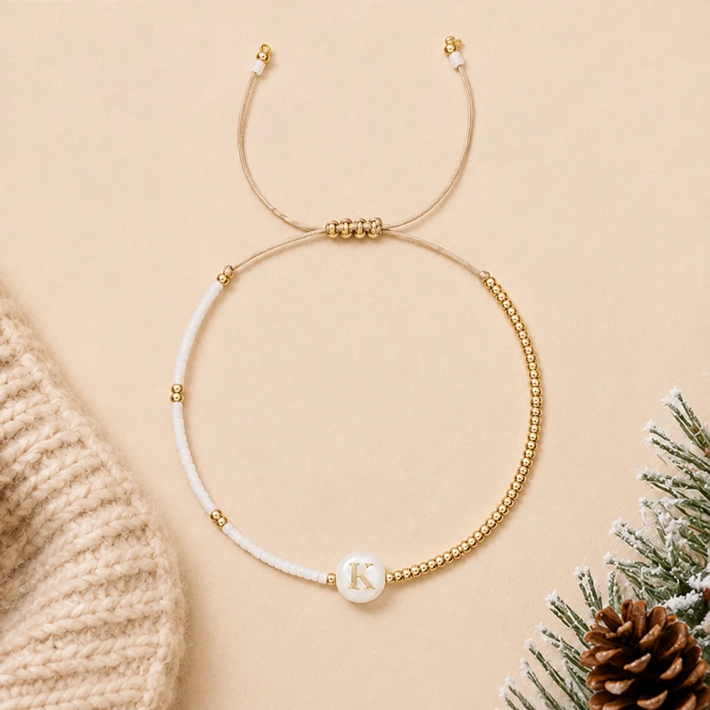 1pc Women's Adjustable K Letter Glass Beaded Strand Bracelet with White and Gold Tone Beads Lace-Up Closure Trendy Style