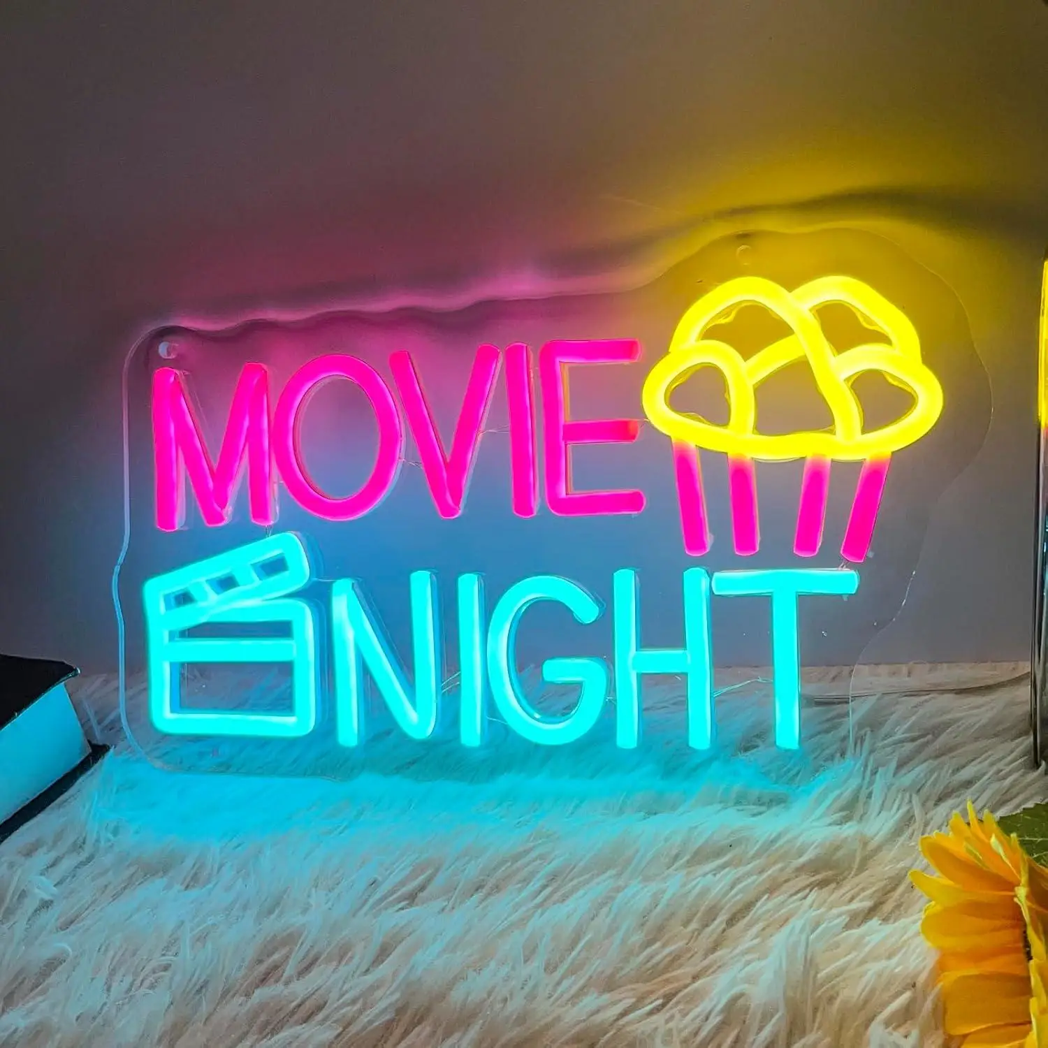 Movie Night With Popcorn Neon Sign USB Dimmable LED Lights For Cinema Film Bedroom Living Room Home Bar Party Wall Decor Gifts