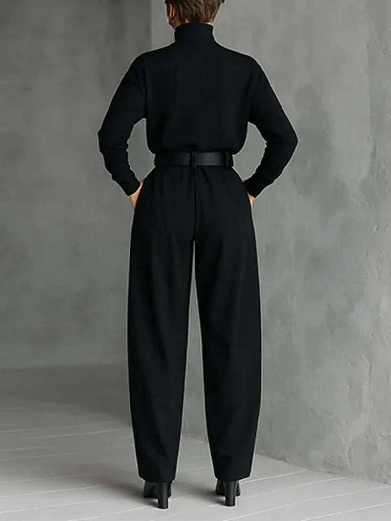 Lässiger Anzug mit Taschen für den Herbst, Damen-Set mit hochgeschlossenem, langärmeligem Oberteil und Hose, schlichtes, einfarbiges Büro-Outfit mit hoher Taille. – Detail 5