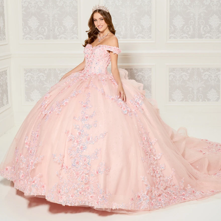 Lorencia rosa Quinceanera Off-ombro tule apliques vestido de baile, vestidos doces para a bola, YQD21, 2023