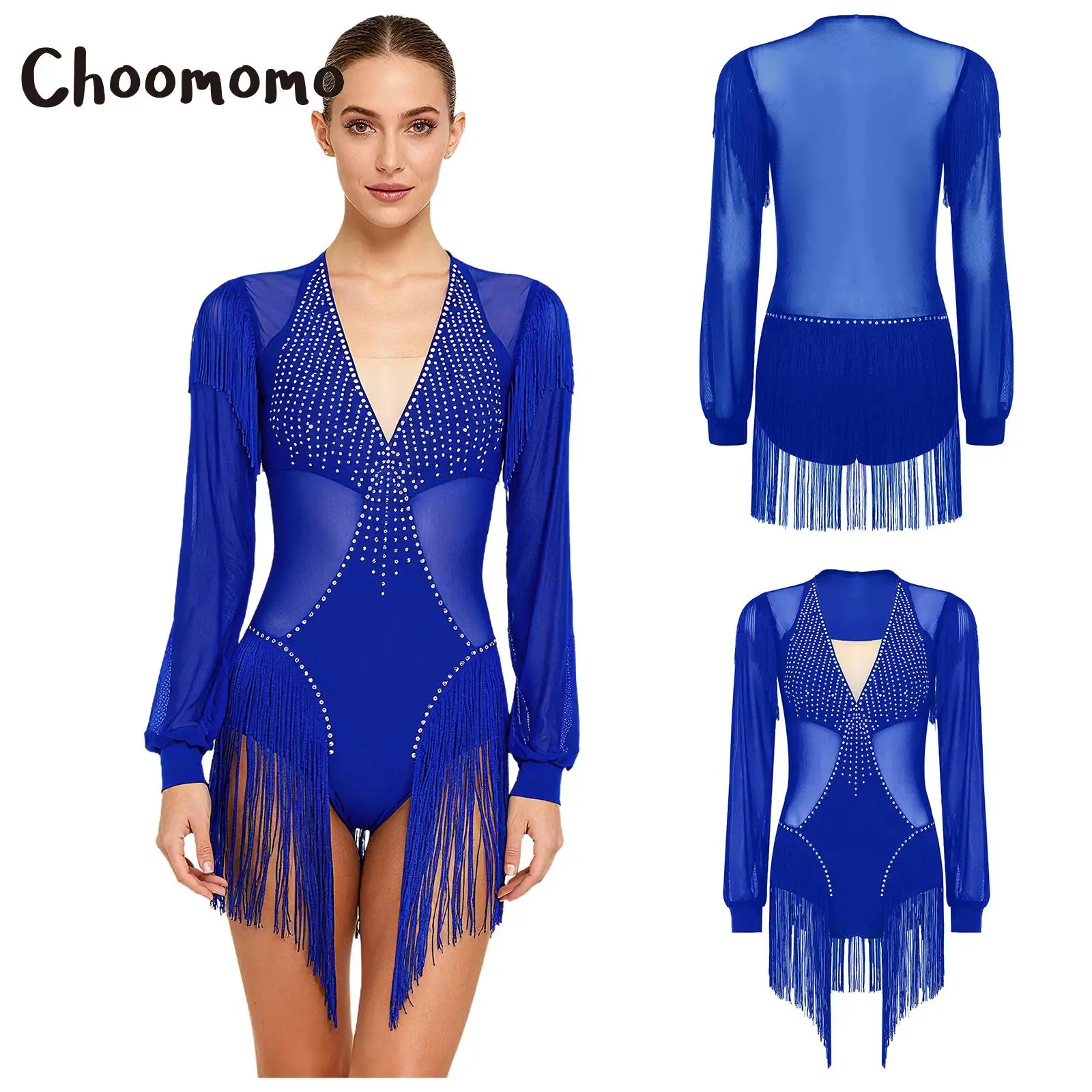 

Women Latin Tango Leotard Dress Ballet Gymnastics Workout Bodysuit Sheer Mesh Patchwork with Rhinestones Tassel Skirted Bodysuit