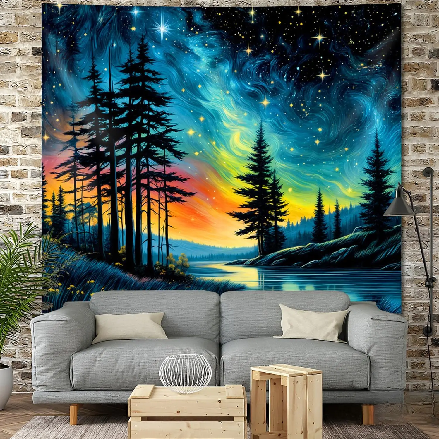 Forest Starry Tapestry Wall Hanging Colorful Starry Sky Misty Forest Wall Tapestry Galaxy Night Sky Landscape Becoration for