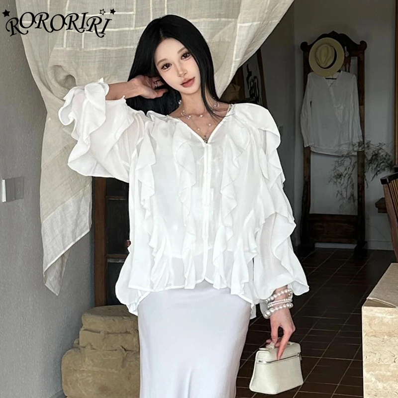 

RORORIRI Flowy Ruffle Long Sleeves Blouse Top Women Thin Sheer V-neck Solid Shirts Loose Lounge Overlay Korean Holiday Clothes