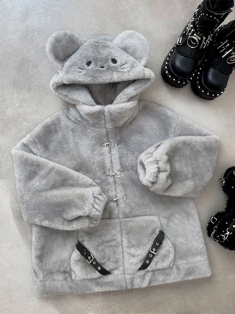 

Winter Japanese Subculture Vinatge Hoodies Coats Women Design Cartoon Grey Hooded Jacket Harajuku Casual Gothic Punk Warm Coats