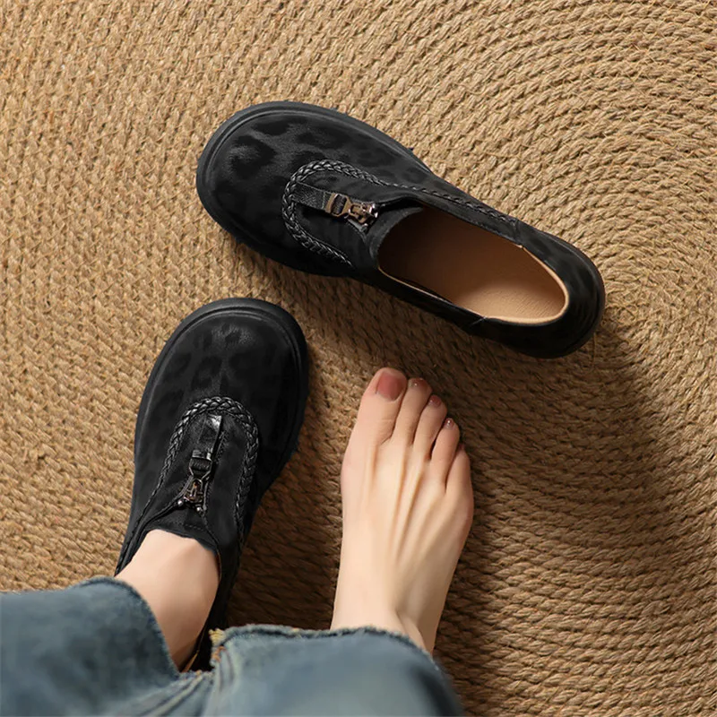 2025 New Spring Leopard Print Sheep Leather Woman Shoes Round Toe High Heel Women Pumps Shoes for Women Fashion Platform Loafers