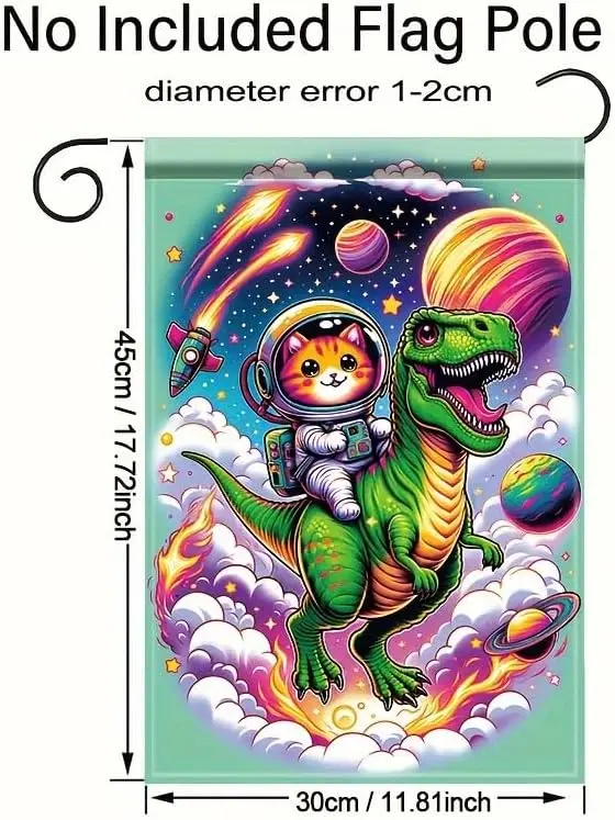 Space Cat Dinosaur Garden Flag 12x18 Inch Double Sided for Outside Astronaut Cat Riding T Rex with Planets Rockets and Stars jjp