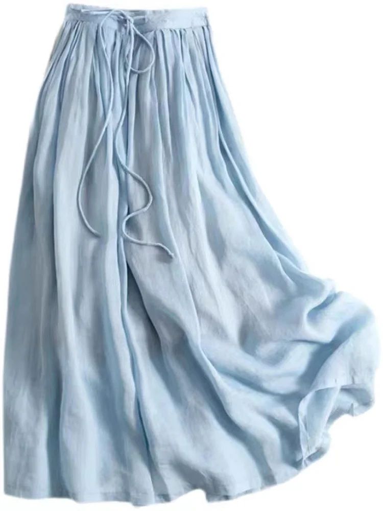 Gonna longuette a trapezio a vita alta, tessuto misto lino, colore, gonna con cintura, gonna lunga, collezione estiva