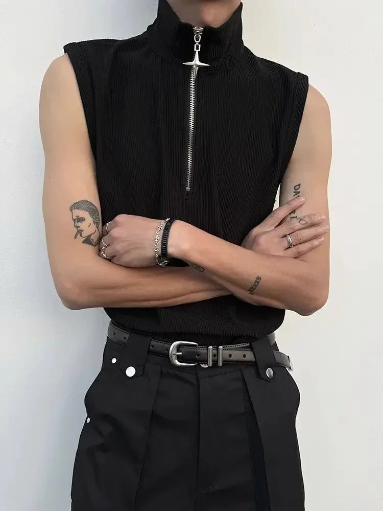 Niche Design Ins Trend Pentagram Zip Shoulder Pad Sleeveless Vest for Men Summer Fashion High Quality Trendy 2024 New Arrival