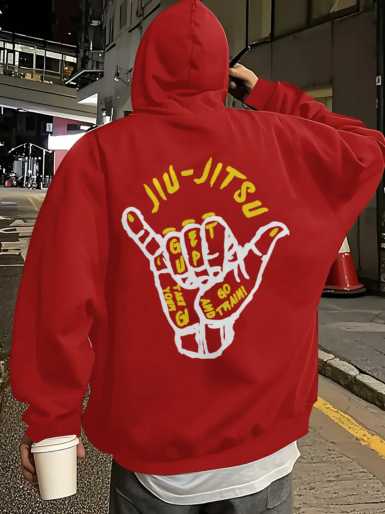 Herren Oversize Hoodie in Schwarz, BJJ Jiu Jitsu Surf Handgestusstraining, Zitat auf der Rückseite, Grafik, Hip Hop Sweatshirt, Streetwear – Detail 11