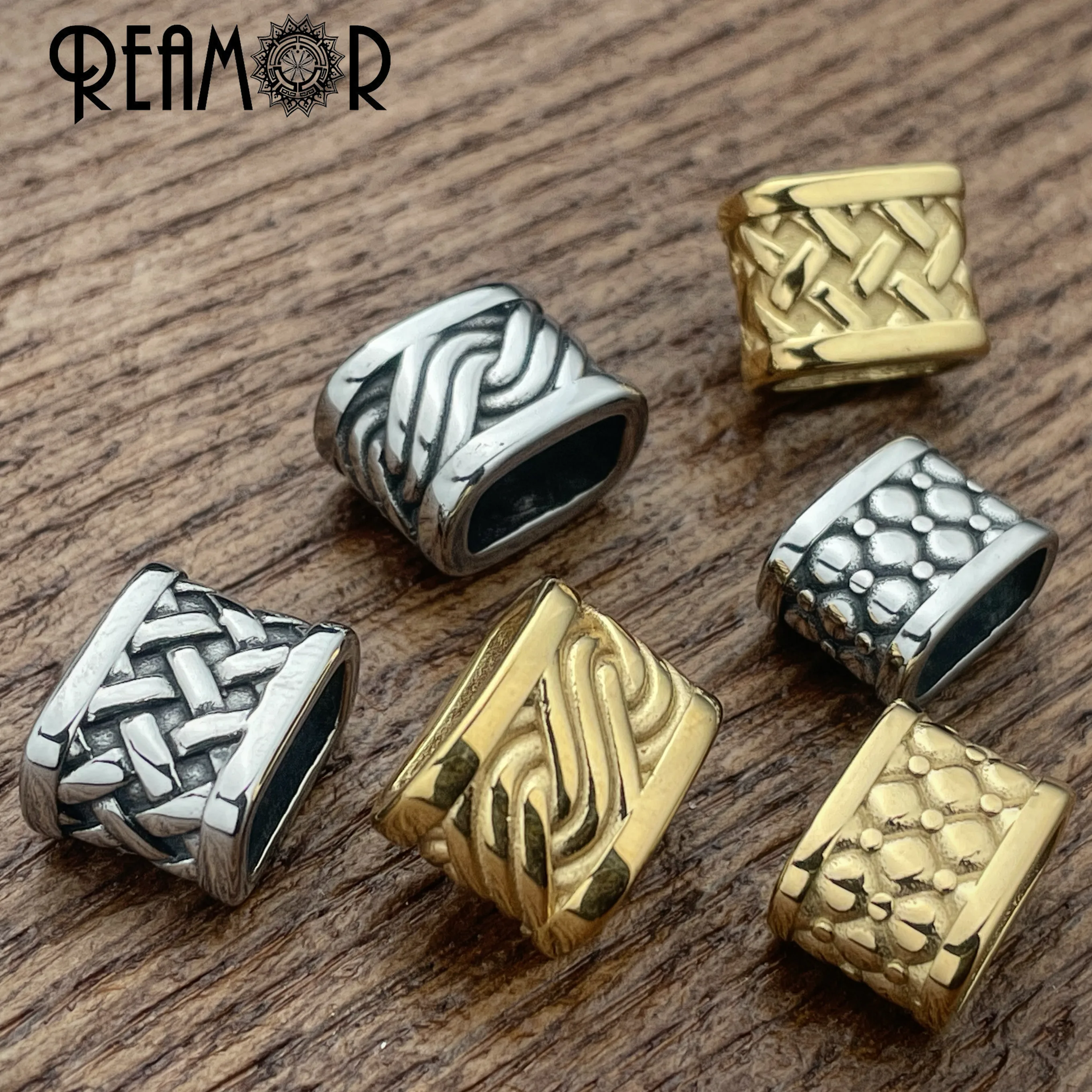 REAMOR 3pcs Gold Color Stainless Steel Geometry Weave Texture Beads 12x6mm Square Hole Punk Bead Fit Jewelry Making Accessories