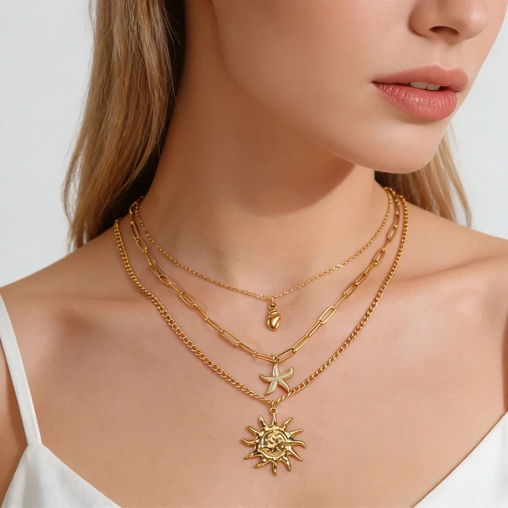 Skyrim Starfish Conch Sun Pendant Necklace Women Stainless Steel Gold Color Three Layer Chain Beach Jewelry Gift Wholesale