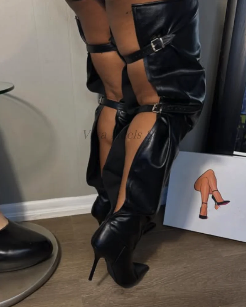 

Women's sexy hollow out leather thigh high boots black/brown/red pointy toe high heels luxury designer party big size shoes