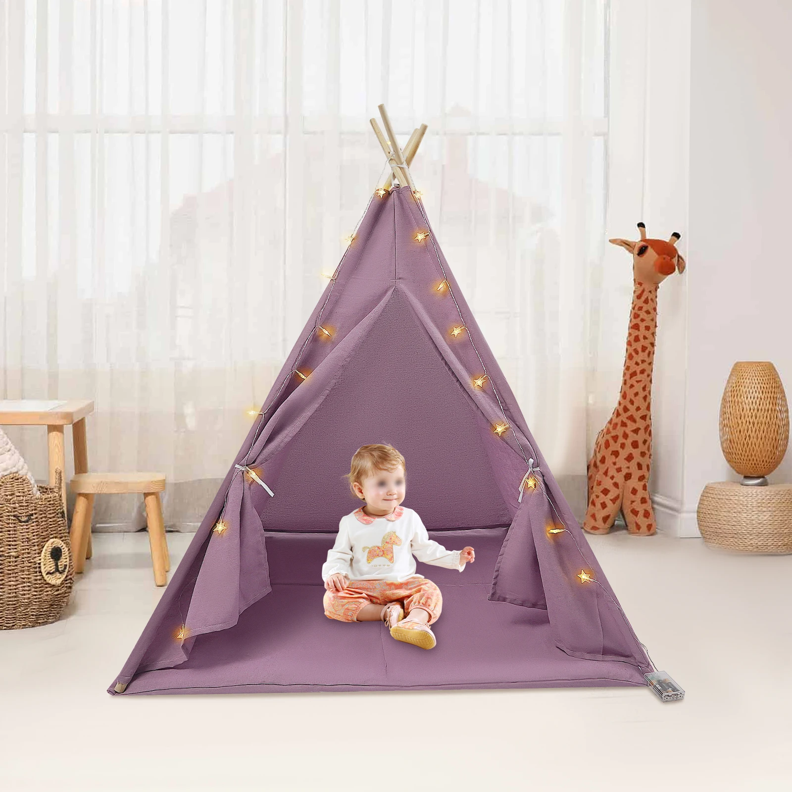 

Kids Tent with Padded Mat and Lights Portable Foldable Large Play Tent with Windows Indoor and Outdoor Kids Tent 120*120*140cm