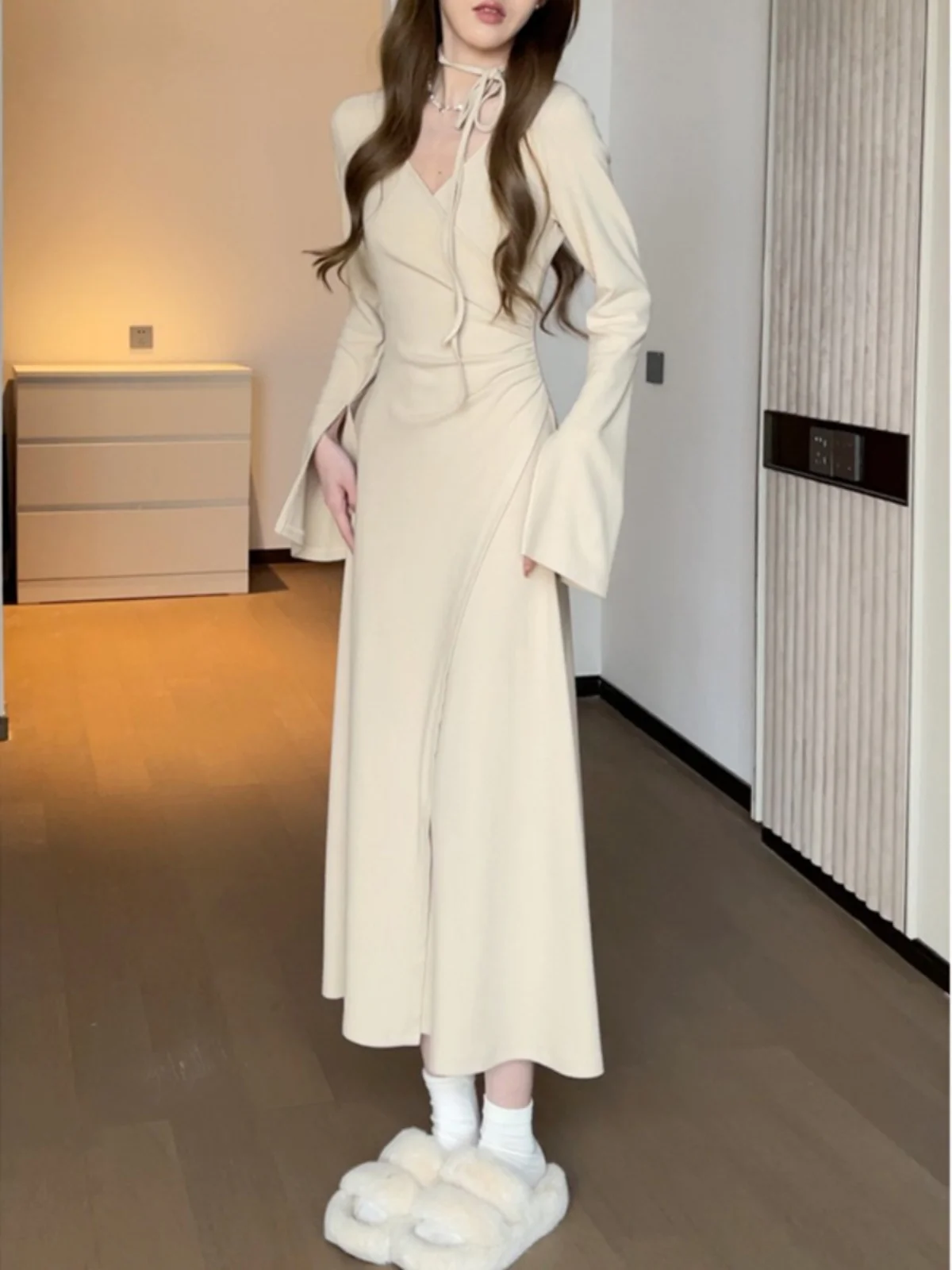 

Elegant V-Neck Belted Long Dress Women's Spring Autumn Unique Pleated Wrap around Skirt Sweet Temperament Flared Sleeve Dress