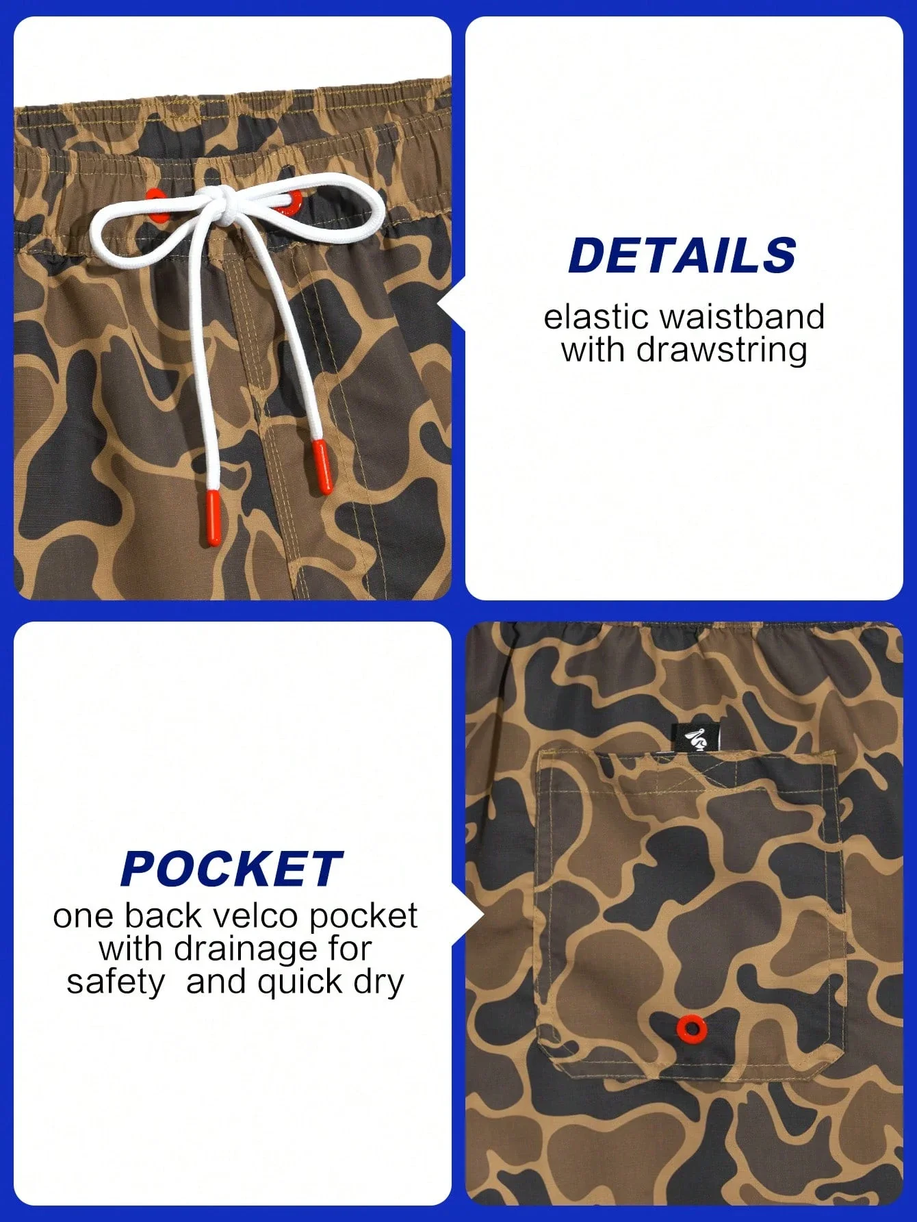 

Мужские быстросохнущие плавки с камуфляжным принтом, сетчатой подкладкой и карманом