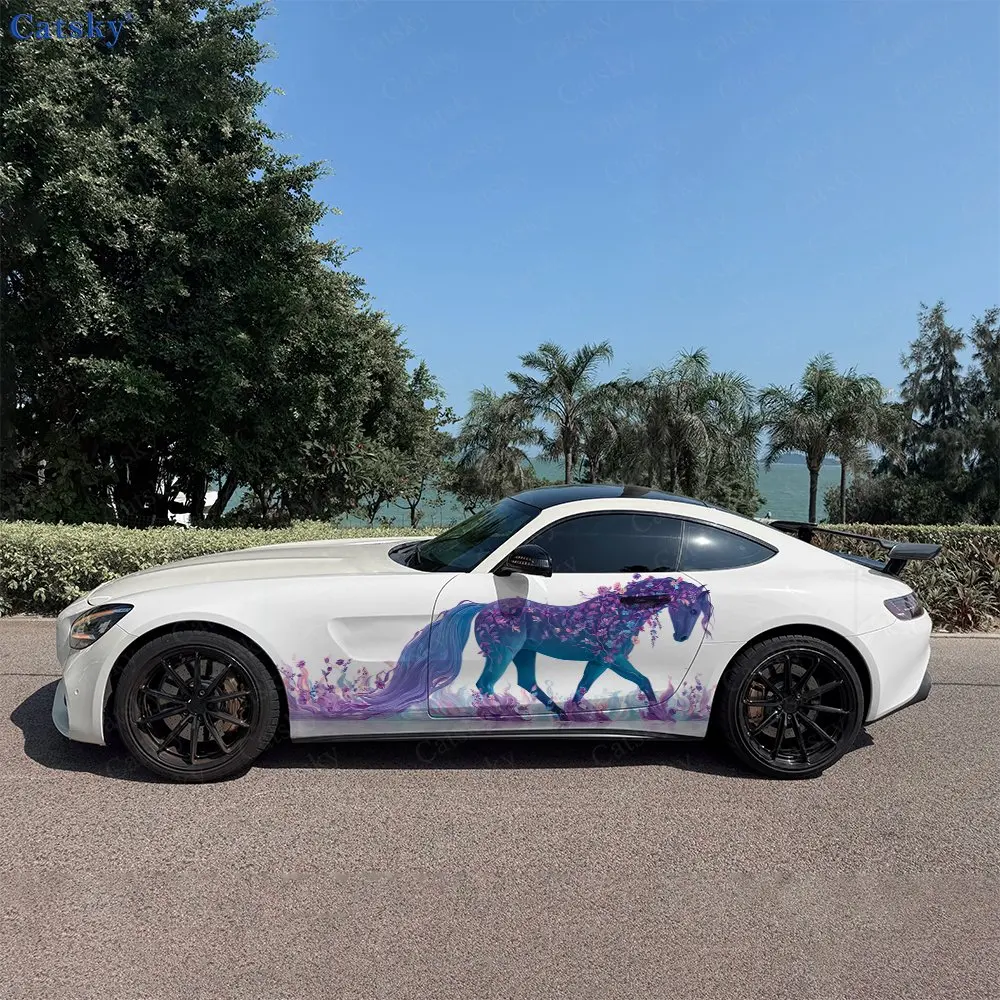 2pcs Spirit Flower Galloping Horse Car Side Wraps, Self-Adhesive PVC Waterproof & Scratch-Resistant Stickers, Car Accessory Gift