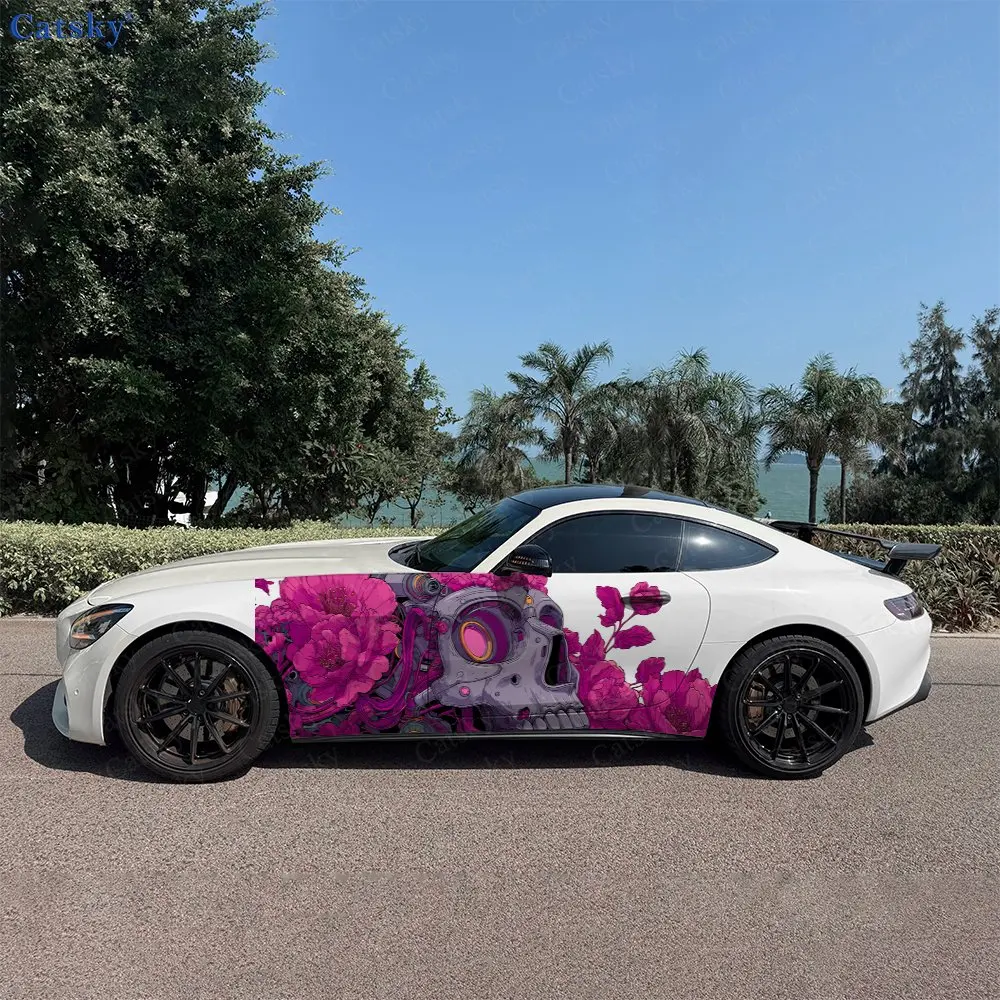 

Pink Skull and Flower Car Sticker Full Body Decal Decoration Covering Scratches Protect Car Sticker Waterproof Car Vinyl Wraps