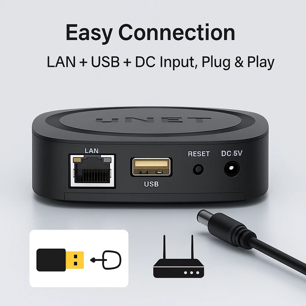 uNET USB Music Sharing Device Audio Streamer Supports UPnP Speakers, LAN Connection, USB Playback, App Control