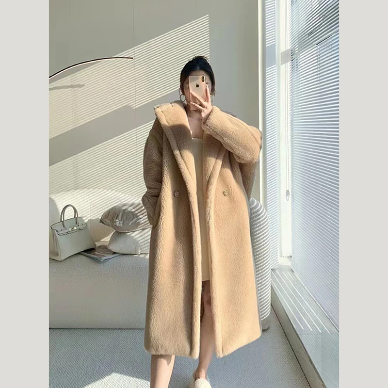 Elegant Faux Fur Midi Coats Female Korean Winter Thick Warm Lapel Pocket Casual Jacket Solid Fluffy All Match Long Outerwear