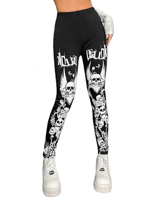 Spodnie do jogi z nadrukiem szkieletu na Halloween, damskie, uniwersalne, gotyckie, obcisłe spodnie bazowe, spodnie z wysokim stanem, długie spodnie.