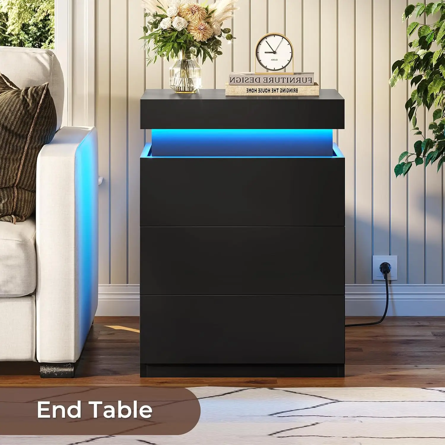 LED Nightstands Conjunto de 2, Suportes Noturnos para Quarto, Nightstand com estação de carregamento e parte superior deslizante