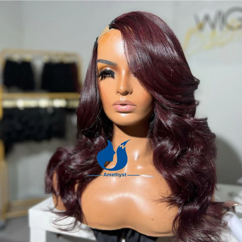 Amethyst 99J Red U Part Wigs For Women Human Hair Body Wave Full Machine Made Wig Side Part 1x3 U Shaped Wig Glueless Remy Hair