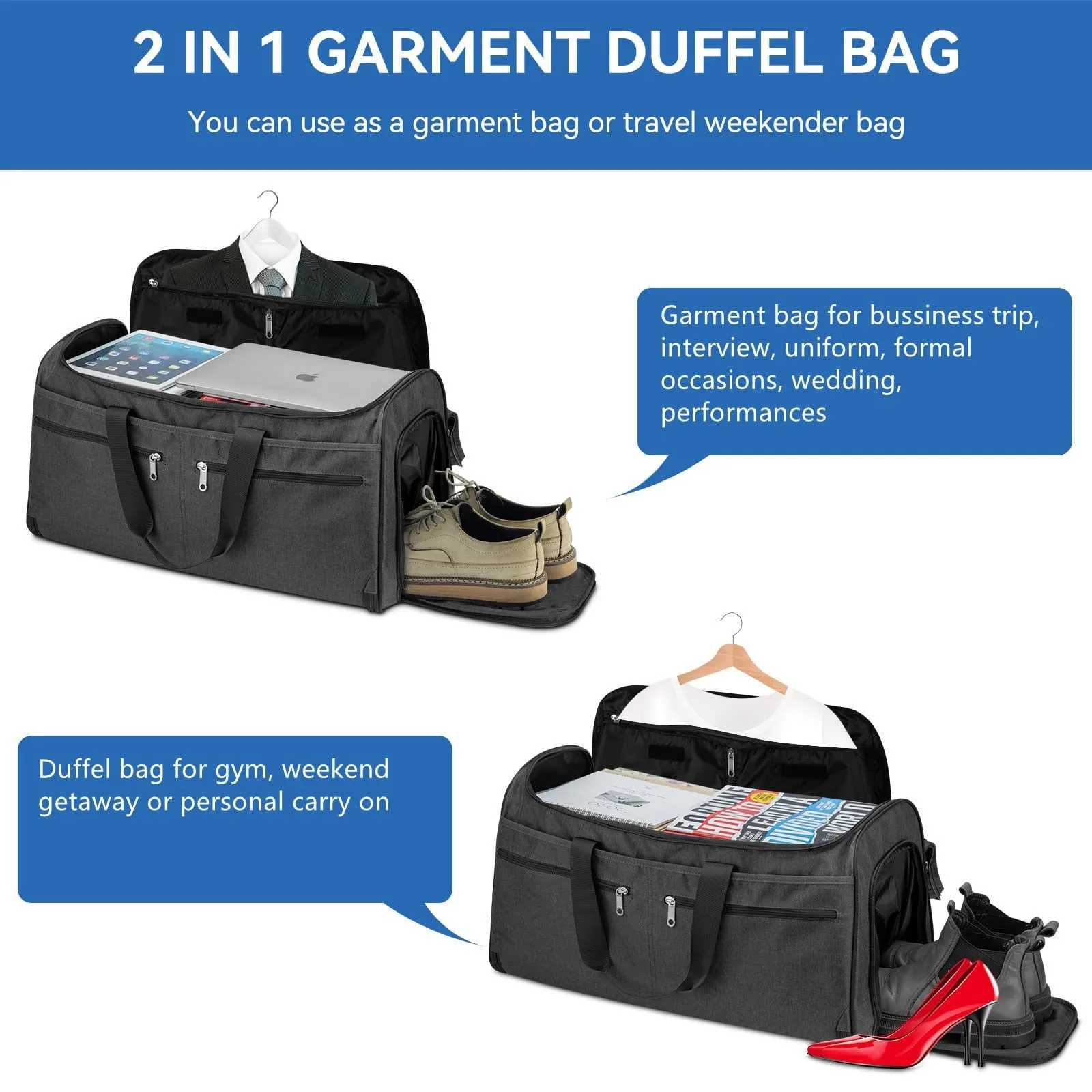 ใหม่เปิดประทุนกระเป๋าเดินทางพกพากระเป๋า Duffel สําหรับผู้ชายผู้หญิง - 2 ใน 1 แขวนกระเป๋าเดินทางชุดกระเป๋าเดินทางธุรกิจ