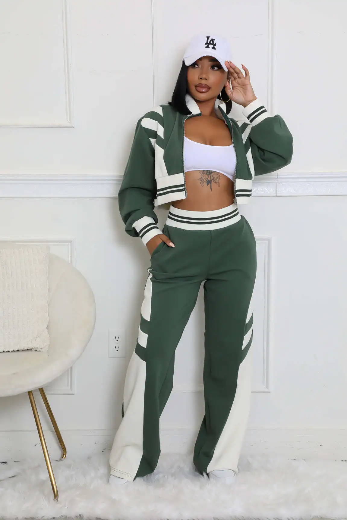 M3066 fall and winter fashion new casual splicing women two-piece high neck zipper long-sleeved top straight pants suit