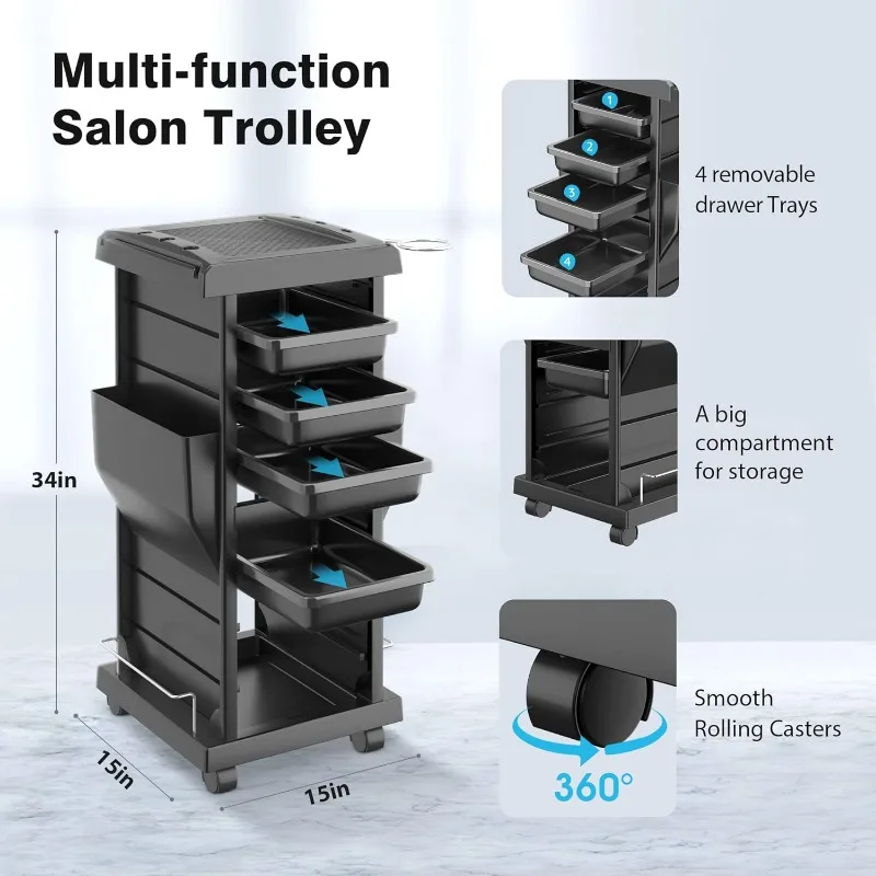 Beauty salon trolley, large storage space with 4 drawers and 2 side pockets, salon trolley furniture with wheels