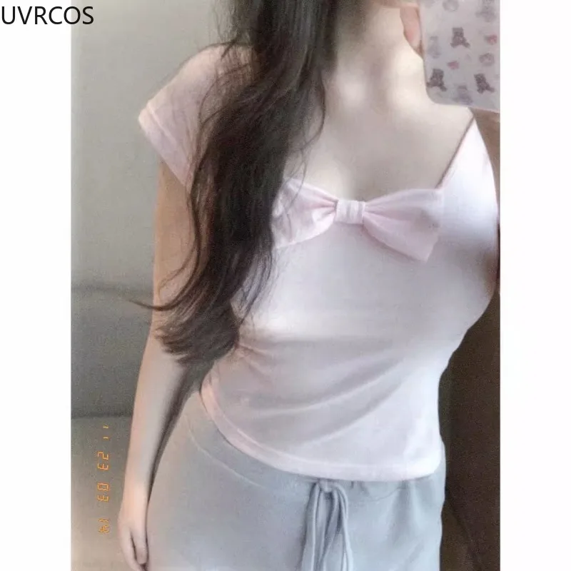 Pink Cotton T-Shirt Women Summer Cute Bowknot Tops Tee Sweet Girls Solid Casual Slim Fashion TShirt Kawaii Clothes Y2k Aesthetic