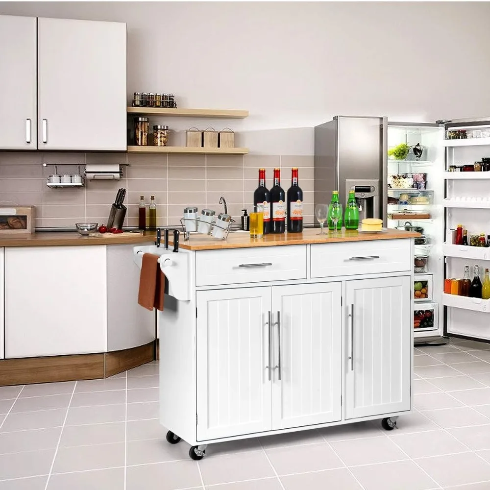 Kitchen Island Cart Rolling Storage Trolley Cart with Lockable Castors, 2 Drawers, 3 Door Cabinet, Towel Handle, Knife Block