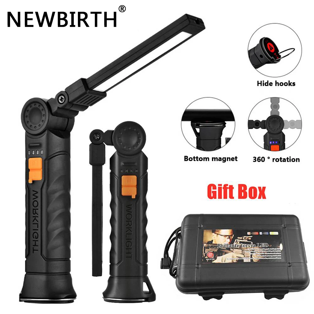 

NEWBIRTH Portable Work Light COB LED Flashlight Rechargeable Magnetic Lantern Hanging Lamp with Built-in Battery Camping Torch