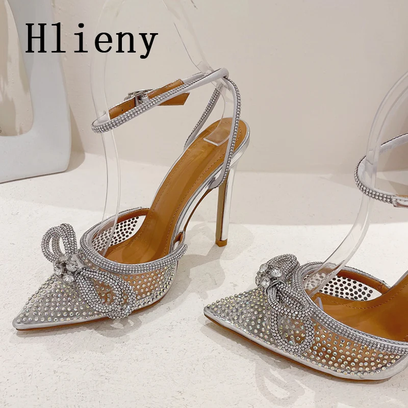 Hlieny Transparent PVC Rhinestone Women Pumps Fashion Silver Pointed Toe Bowknot Sandals High Heels Crystal Wedding Party Shoes