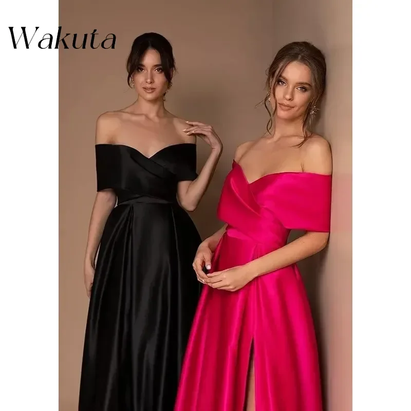 Wakuta-Bata De satén con hombros descubiertos para mujer, traje clásico sin mangas con bolsillos, corte largo alto, corte en A, Formal, para Fiesta De noche