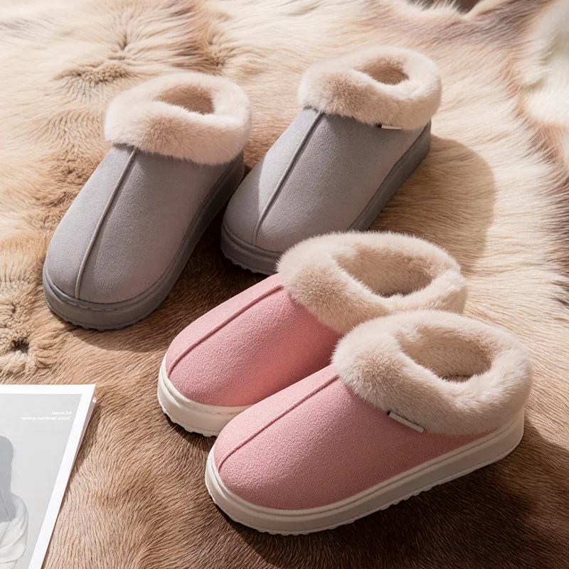 Пара зимних теплых тапочек из искусственной кожи - противоскользящие домашние и уличные зимние ботинки, мужская и женская домашняя обувь для отдыха