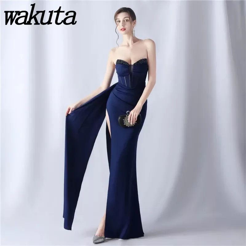 Wakuta Temperament Sheath Waist Fishbone Dress Sexy Side Split Bridal Banquet Wedding Vestidos Evening Formal Gowns Robe Argent