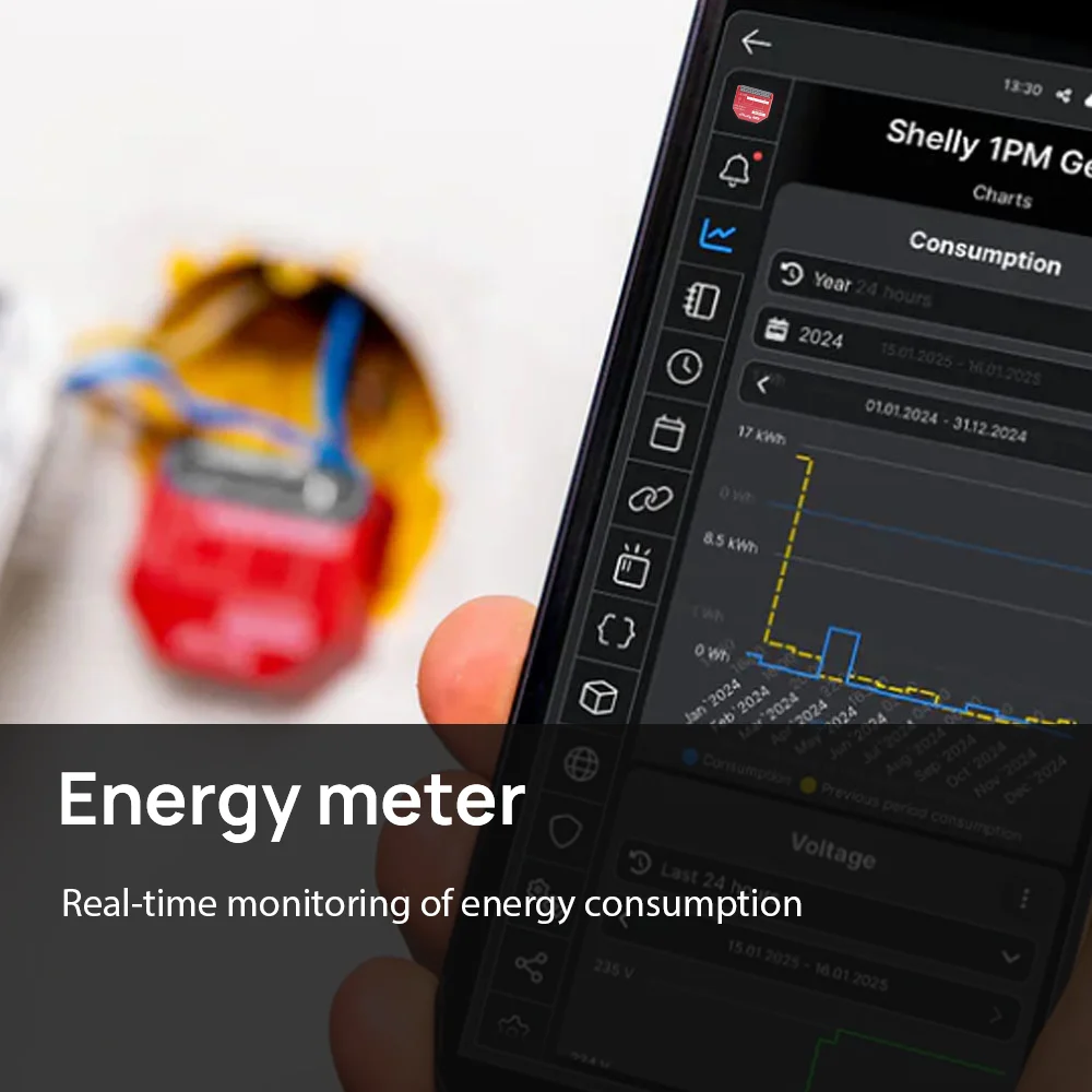Shelly 1PM Gen3 Wi-Fi Smart Switch With Power Metering 1 Channel 16A free cloud data storage analysis energy usage optimization