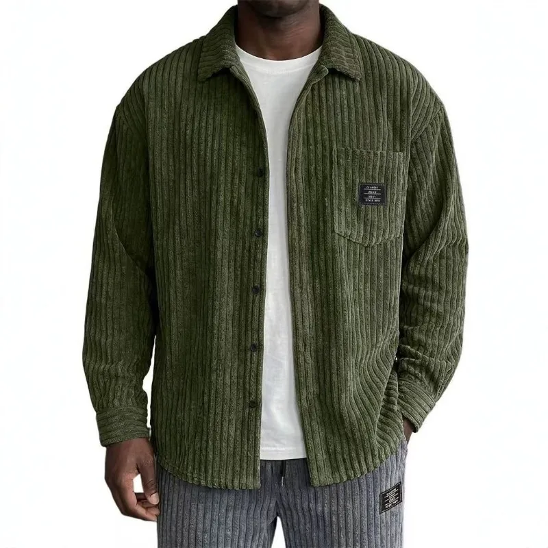 Men Vertical Striped Corduroy Shirt Lapel Collar Single Breasted Pocket Design Loose Casual Outerwear Top