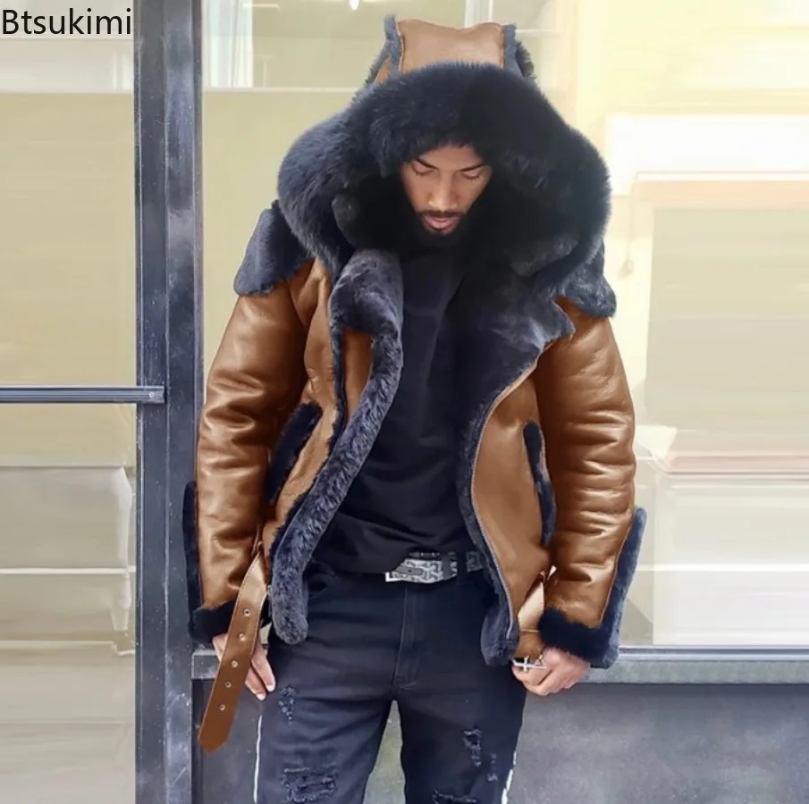 

2026 Men's Thickened Plush-lining PU Leather Motorcycle Jackets Faux Leather Waterproof Warm Coats Vintage Casual Winter Jackets