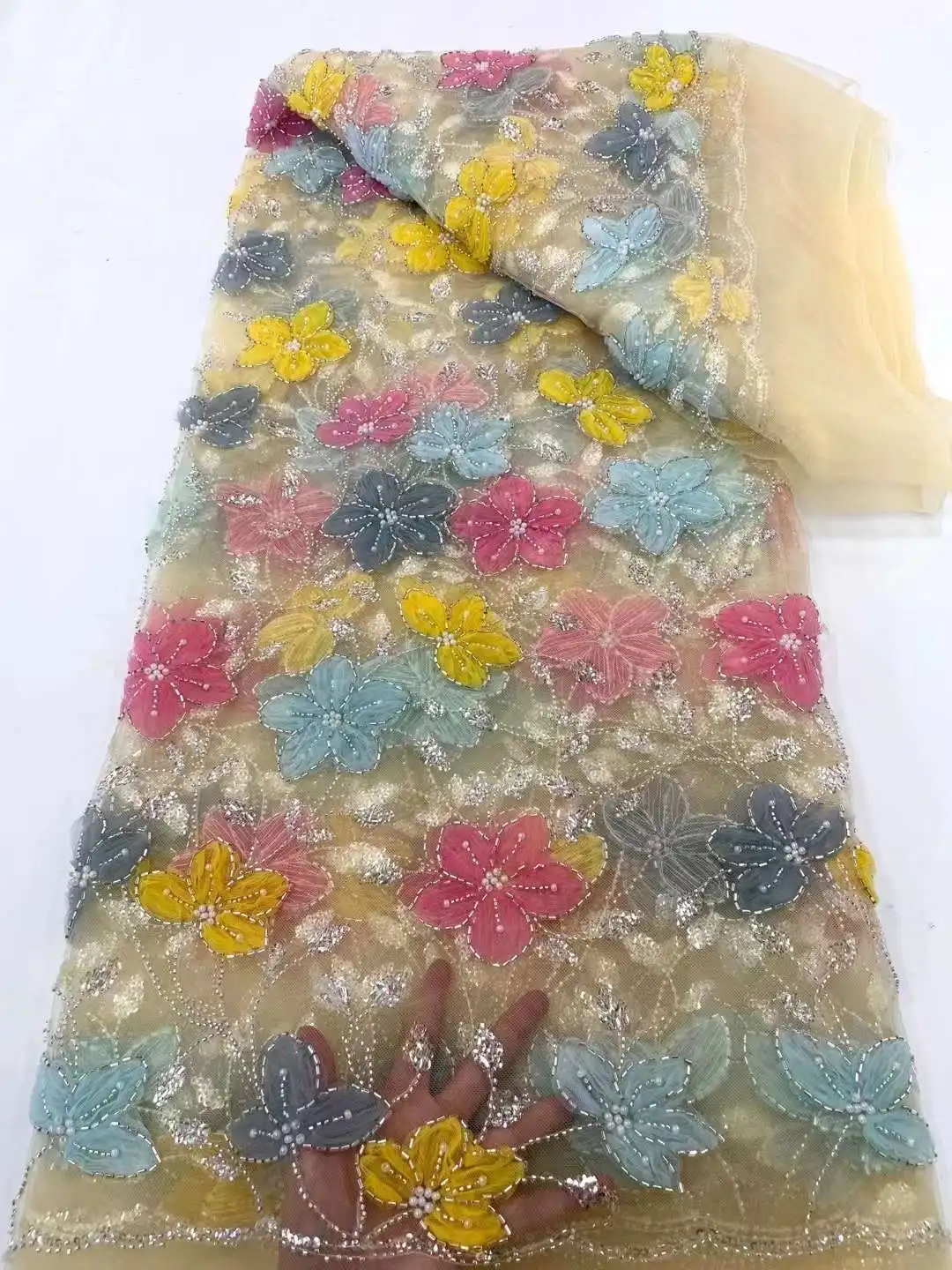 

Popular Colorful Florals /Pearls African Nigeria Fabric Lace 3D Embroidery French Yarn For Wedding/ Evening Dresses Party