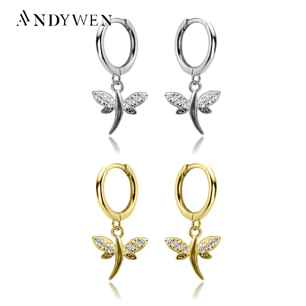 ANDYWEN 925 Sterling Silver Butterfly Drop Earring Slim Dangle Piercing Ohrringe Women Loops Circle Round Crystal Luxury Jewelry