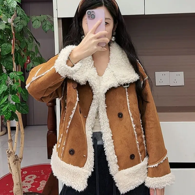 Faux Suede Short Coat Women's Double-faced Fur Jacket 2026 Winter Berber Fleece Thicken Outerwear Single-breasted Top Slim Coats
