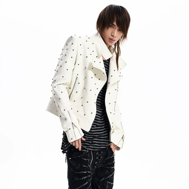 LUZHEN 2026 New Trendy Slant Zipper Placket High Quality Leather Jacket Men's Handsome Solid Color Rivet Decorate Coat JY9083