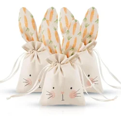 6Pcs Easter Day Linen Burlap Gift Bags Bunny Rabbit Carrot Sweet Candy Bags with Drawstring for Cute Easter Party Bags Favors