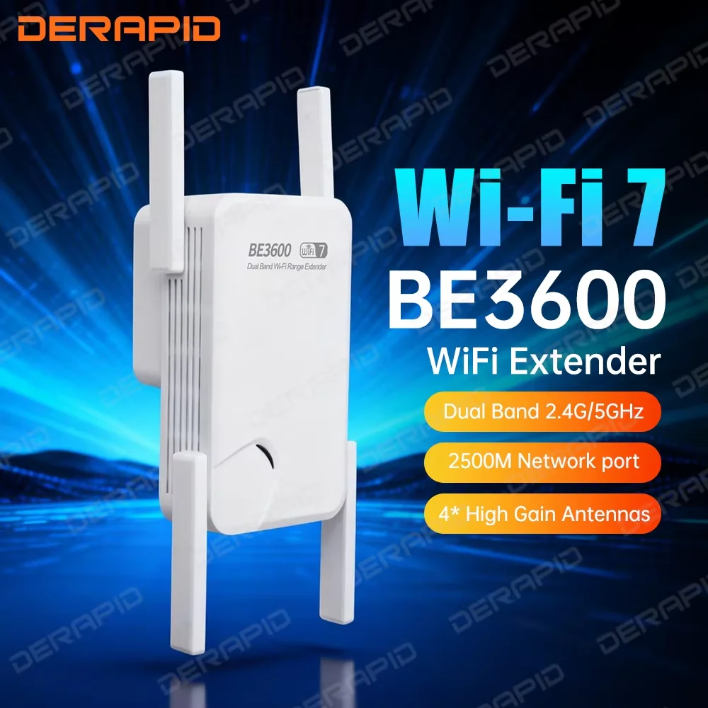 WiFi 7 3600Mbps Wi-Fi Range Extender Dual Band 2.4G 5G Repeater 4 High Gain Antennas EU US Plug Signal Booster WPS Easy Setup