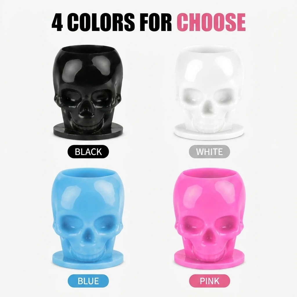 Skull Tattoo Ink Cups Disposable Pigment Holder with Base Anti Spill Caps Container for Permanent Makeup PMU Tattoo Supplies