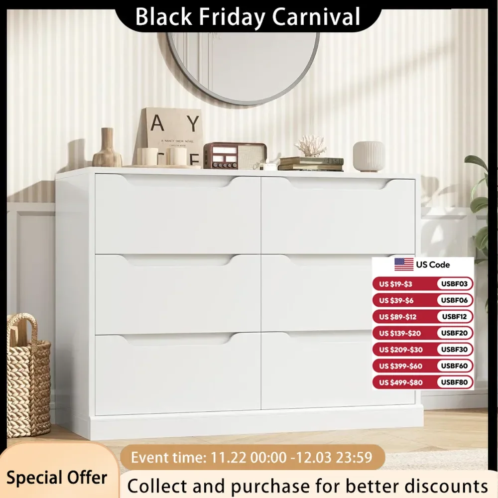 Modern 6-drawer Filing Cabinet, Wooden Storage Container with Hollow Handles, Living Room Specific Storage Cabinet, White